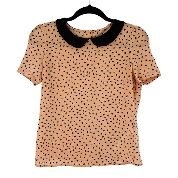 Vintage 90s Zara Lace Peter Pan Collar Peach Black Print Button Down Back Blouse - Picture 2 of 14